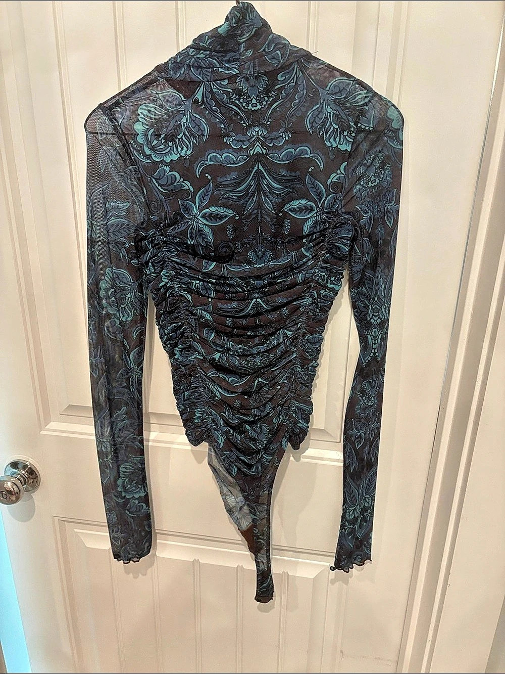 Free People Floral Ruched Long Sleeve Bodysuit in Black & Blue